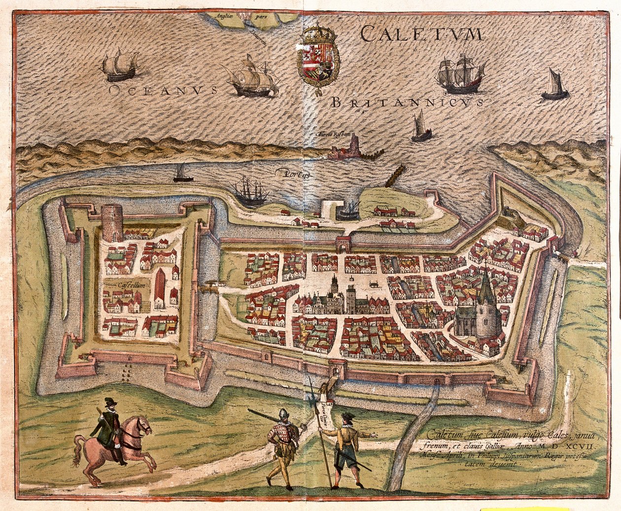Calais, Frankrike: porten, festningen og nøkkelen til Frankrike, kom under makten til den spanske kong Philip i 1597 (gravering av Franz Hogenberg
