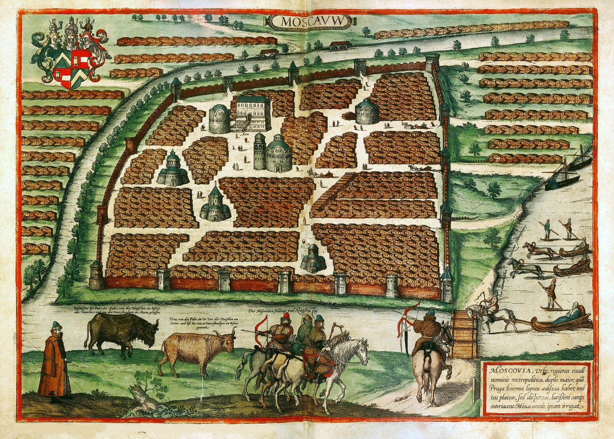 Kart over Moskva (Russland) - Verk av Frans Hogenberg (1535-1590), gravering og akvarell hentet fra Civitates orbis terrarium av Franz Hogenberg