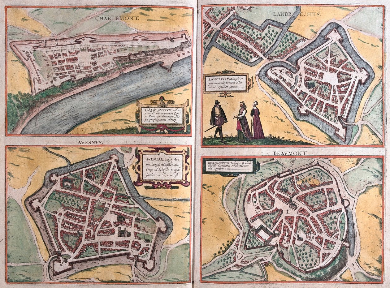 Charlemont, Beaumont, Avesnes og Landrecies, Frankrike (gravering av Franz Hogenberg