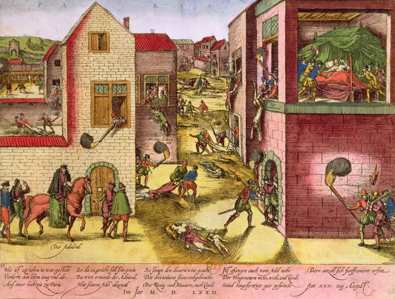 Admiral Gaspard II de Colignys (1519-72) død på tidspunktet for St. Bartolomeus-massakren i 1572 (se 158612 for bw) av Franz Hogenberg