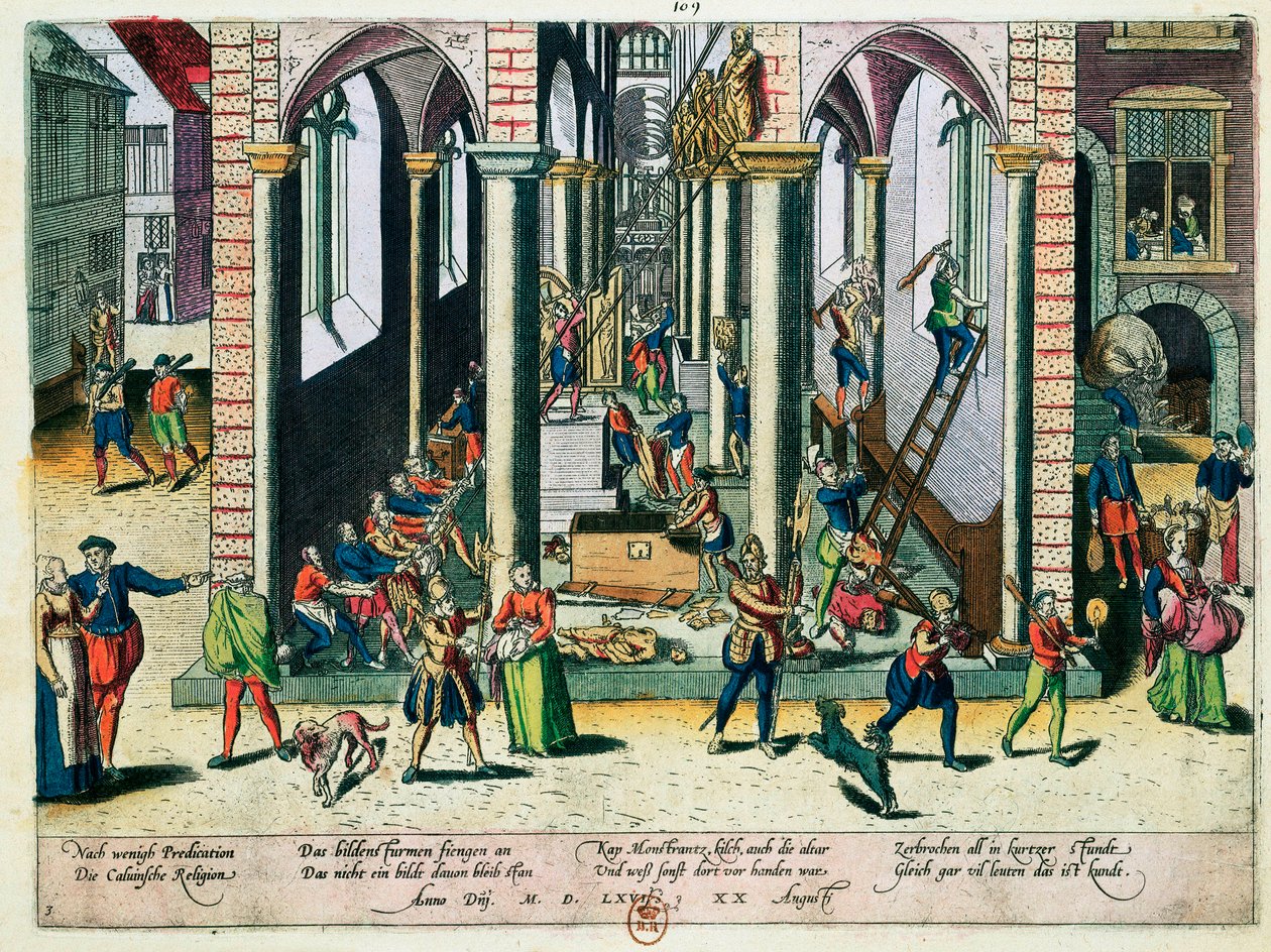 Ødeleggelse av relikvier og statuer i kirker, april 1566 (farget gravering) av Franz Hogenberg