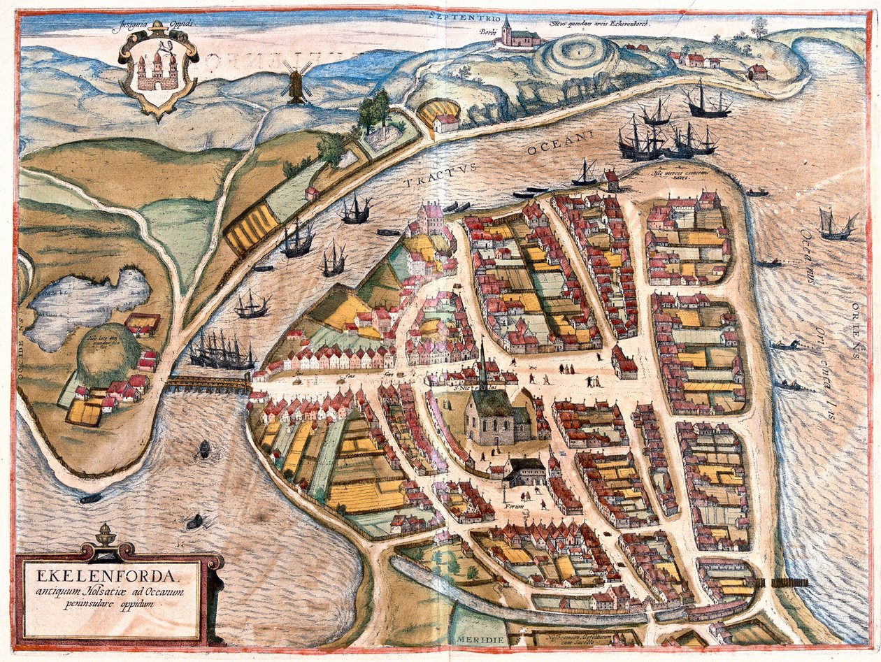 Eckernforde, Tyskland (gravering av Franz Hogenberg