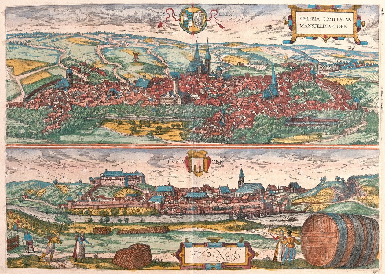 Eisleben og Tubingen, Tyskland (gravering av Franz Hogenberg