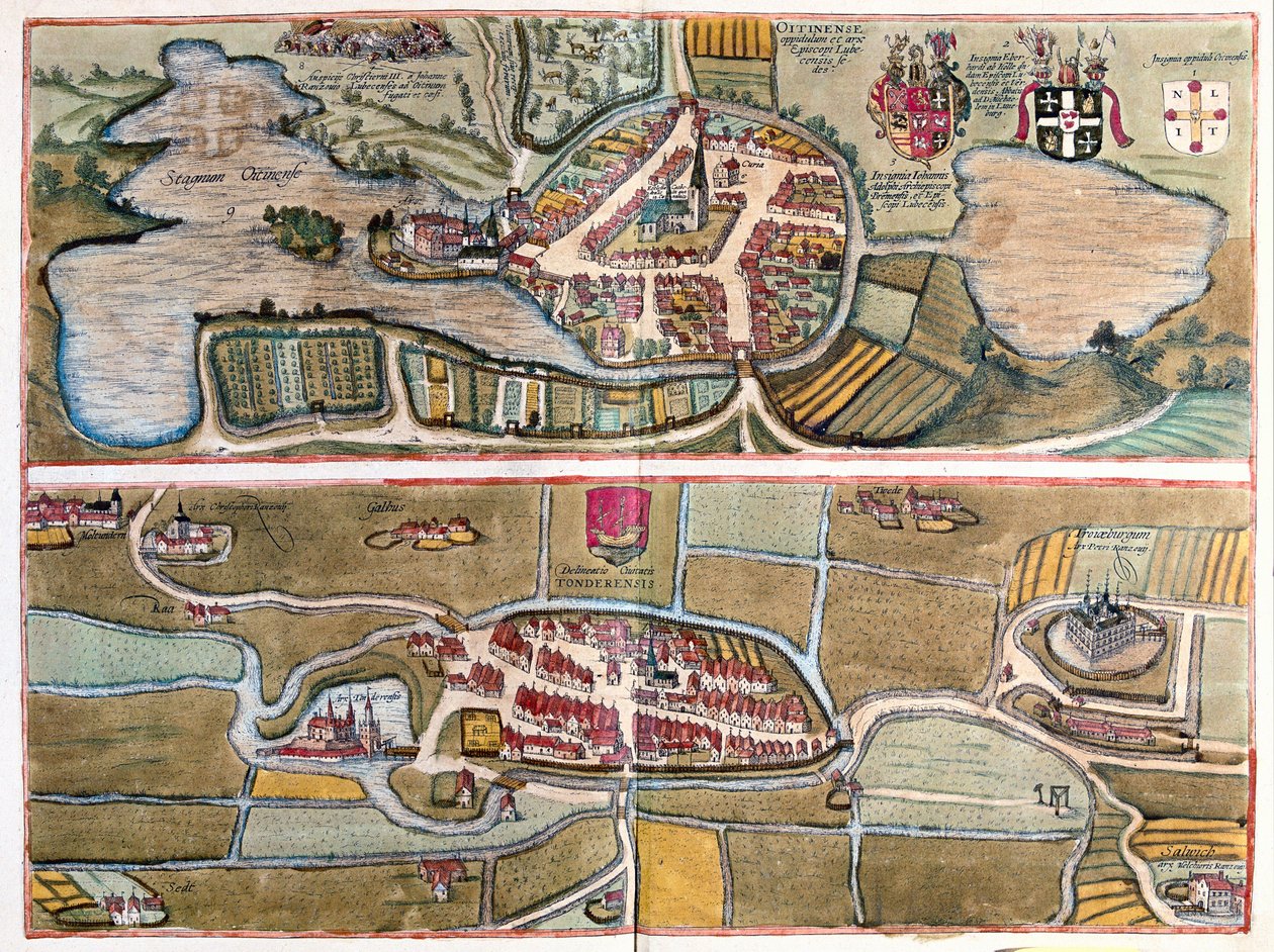 Eutin, Tyskland og Tonder, Danmark (gravering av Franz Hogenberg