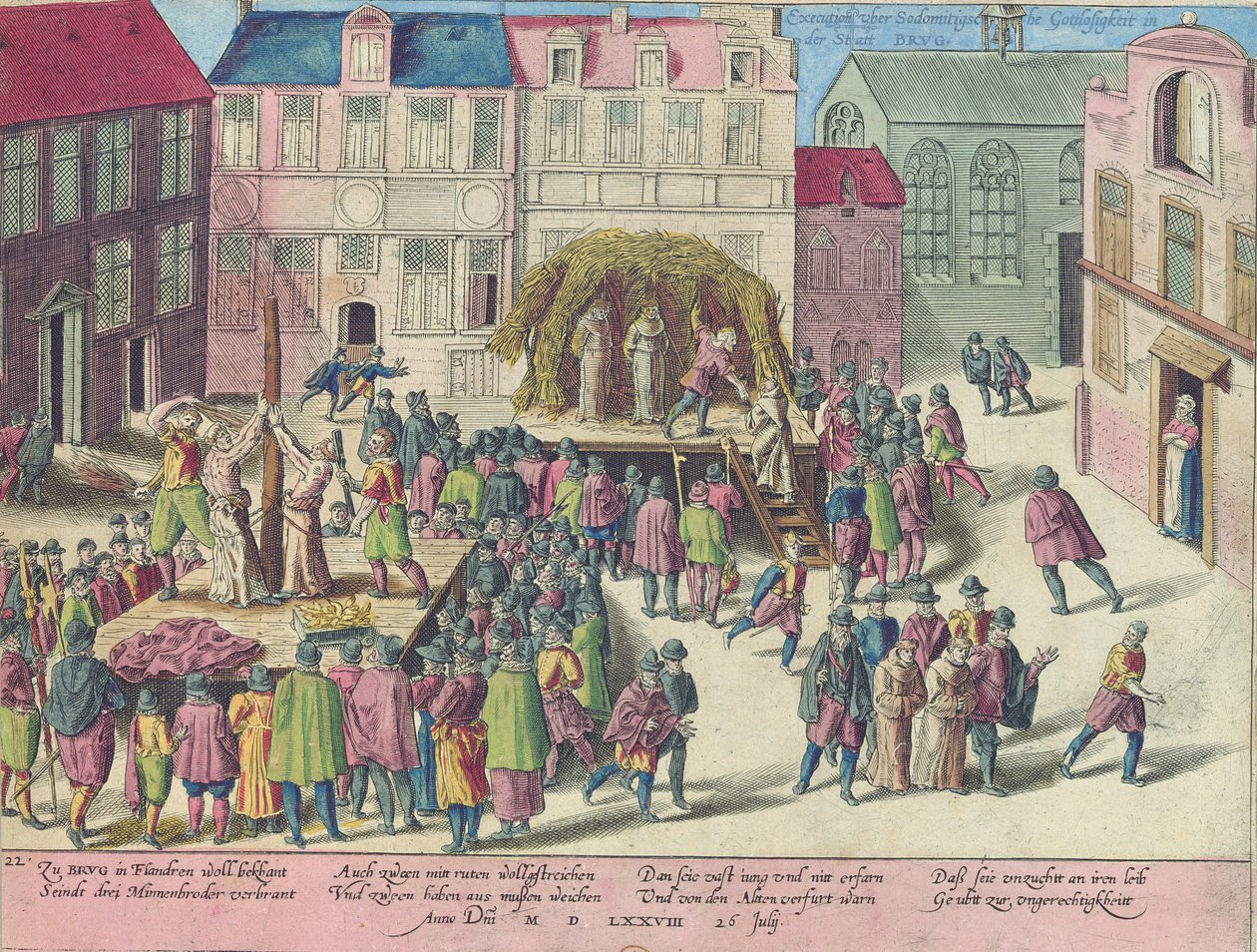 Henrettelse i Brugge ved brenning av tre brødre for sodomi, 28. juni 1578 av Franz Hogenberg
