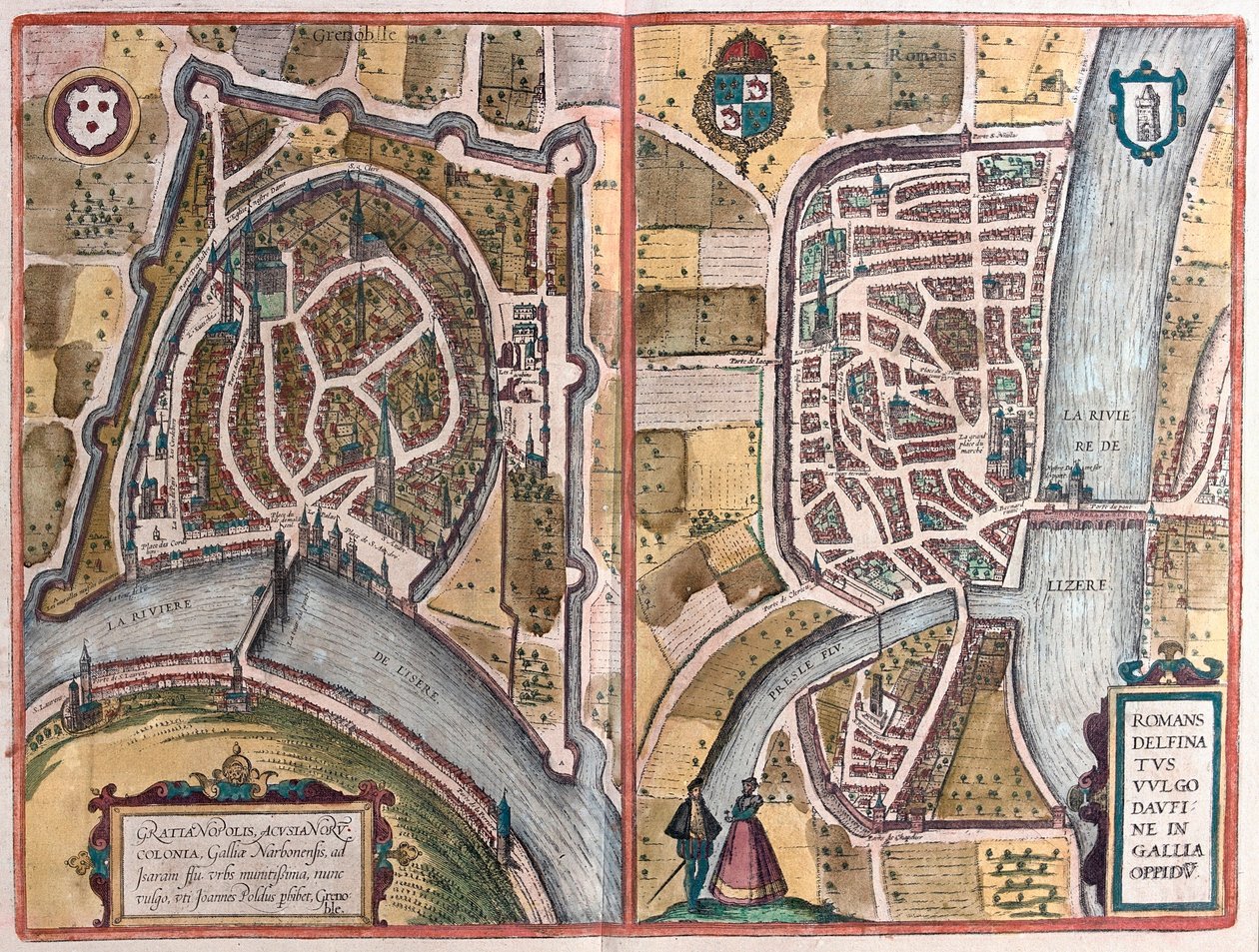 Grenoble og Romans sur Ister, Frankrike (gravering av Franz Hogenberg