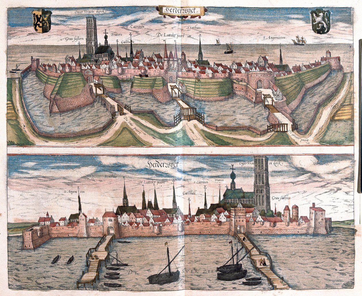 Harderwijk, den lille havnen ved Zuiderzee (IJsselmeersjøen), Nederland (gravering av Franz Hogenberg