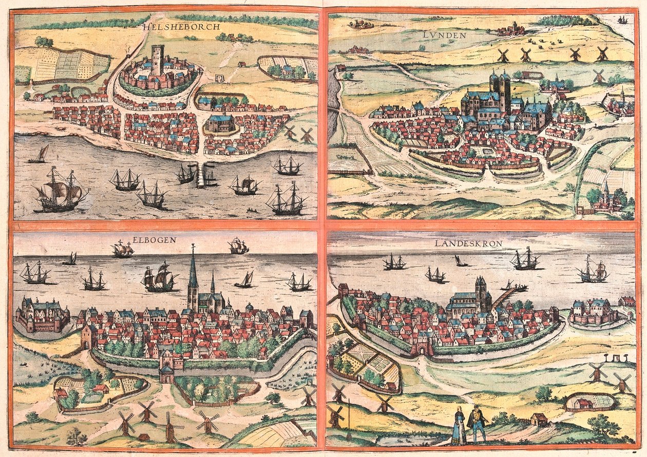 Helsingborg, Lunden, Malmö og Landskrona (Sverige) (gravering av Franz Hogenberg