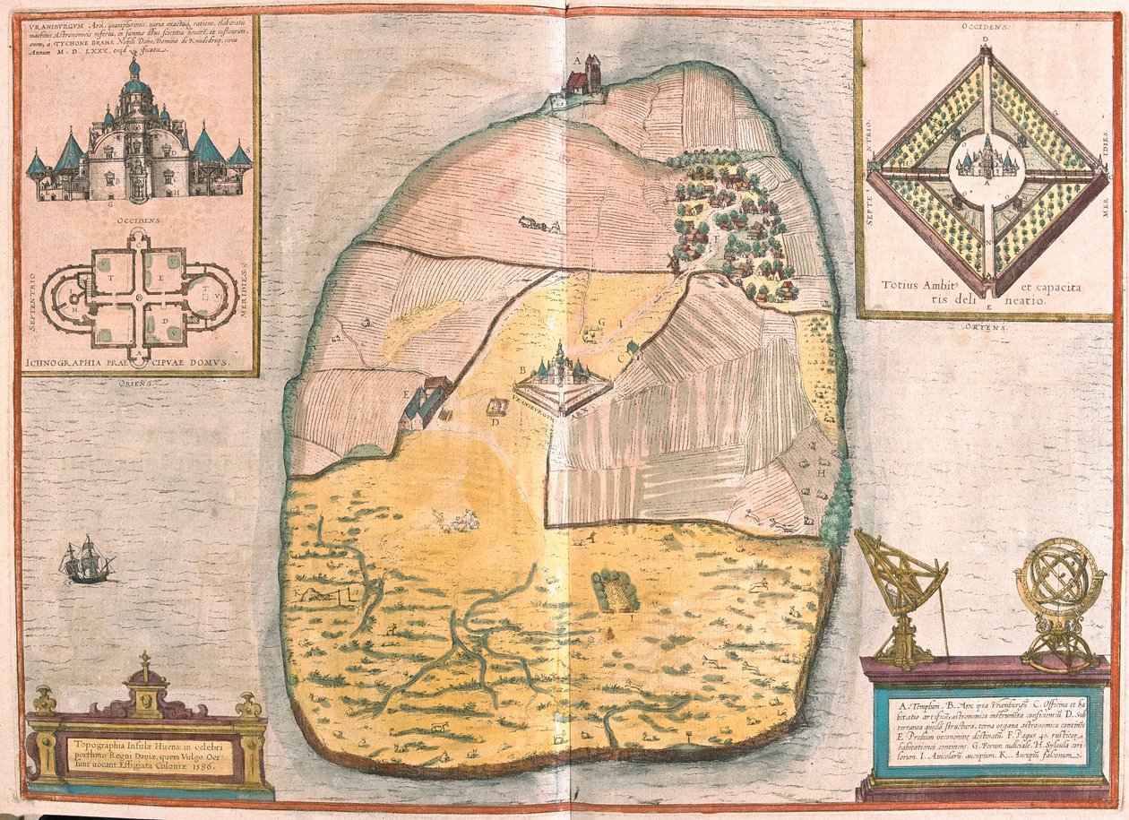 Isle of Ven og Uranienborg, palasset og observatoriet til Tycho Brahe som ligger på denne øya, i Sund (gravering av Franz Hogenberg