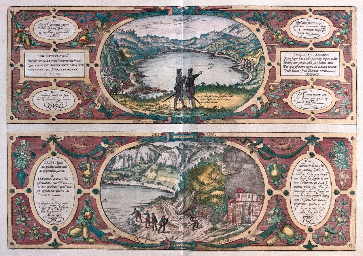 Agnanosjøen og hundens hule, Italia (gravering av Franz Hogenberg
