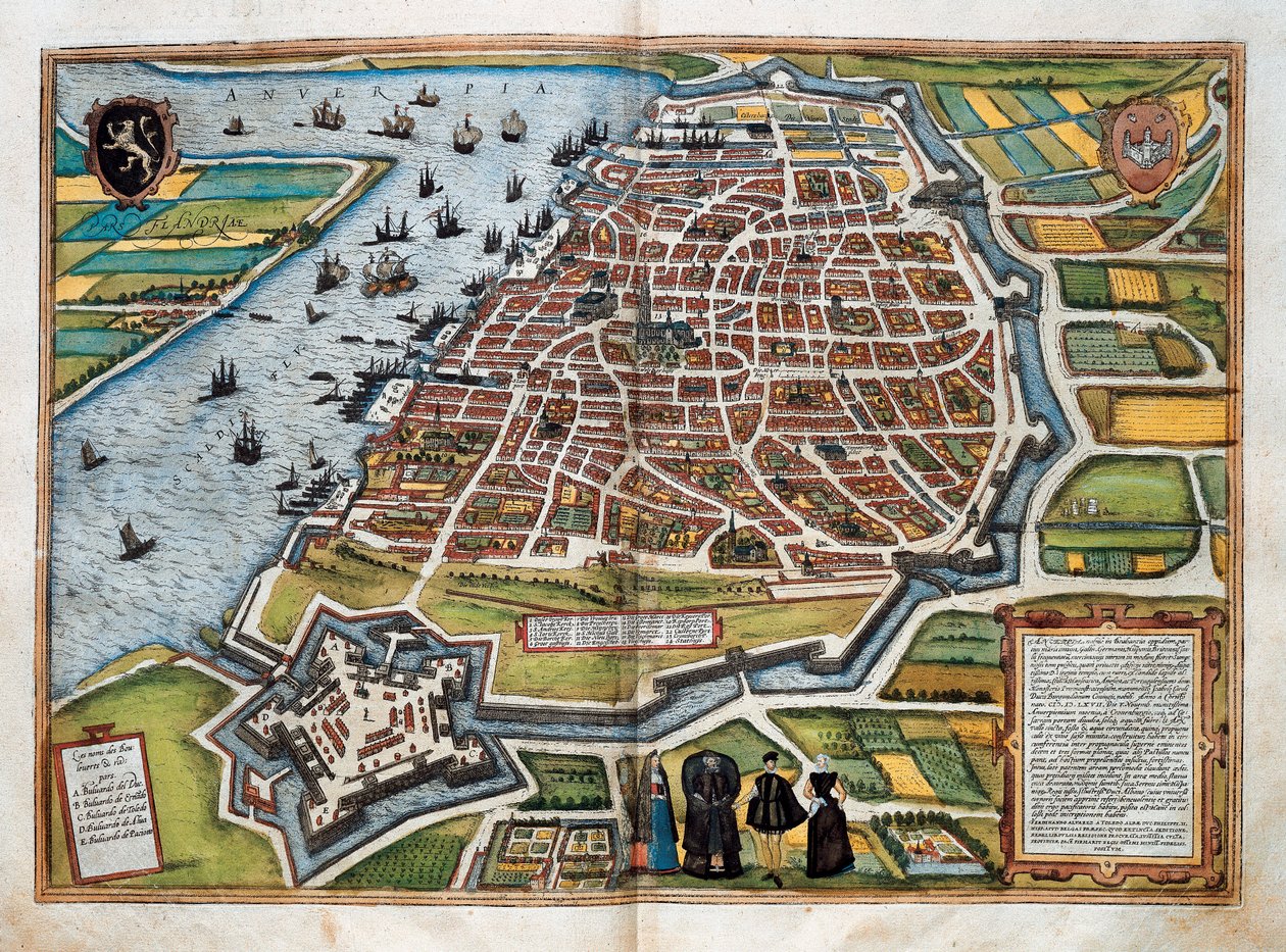 Kart over Antwerpen, fra "Cities of the World" (farget gravering) av Franz Hogenberg