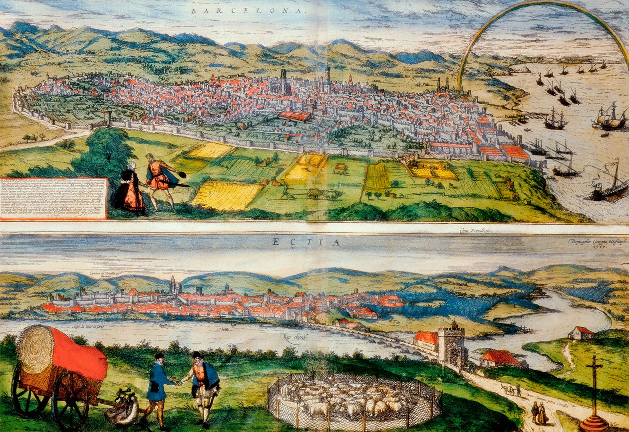 Kart over Barcelona og Ecija fra World Cities av Georg Braun av Franz Hogenberg