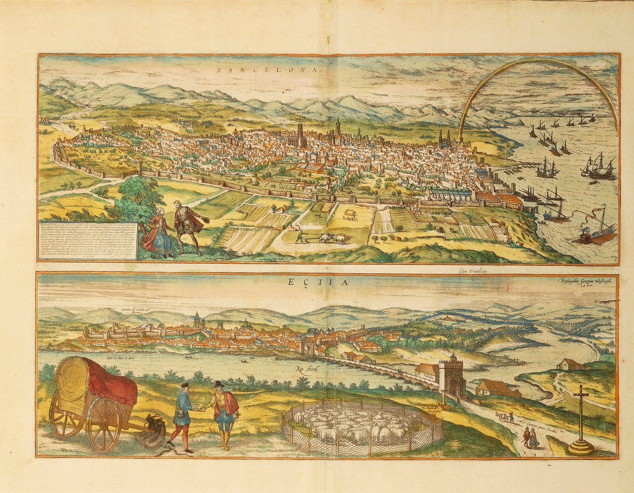 Kart over Barcelona og Ecija fra World Cities av Georg Braun av Franz Hogenberg