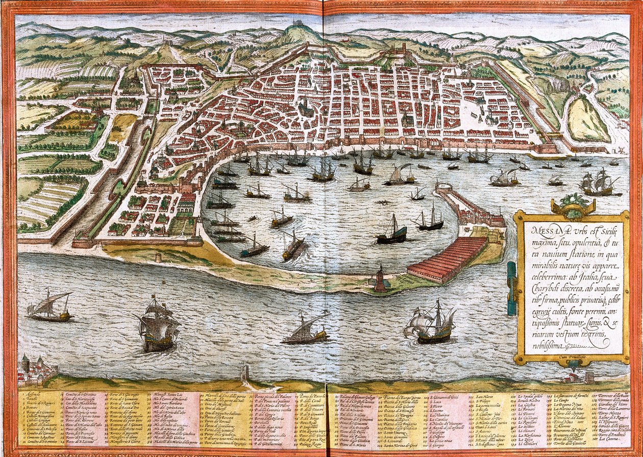 Kart over Messina (Messana), Italia (radering av Franz Hogenberg