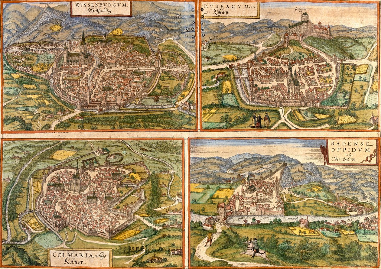 Kart over Weissenburg (Wissenburgum) i Tyskland, Rouffach (Rubeacum) og Colmar (Colmaria) i Frankrike og Baden i Sveits (radering av Franz Hogenberg