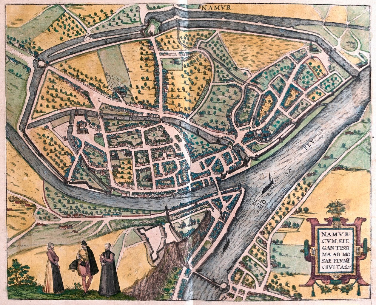 Namur og elven Maas, Belgia (gravering av Franz Hogenberg