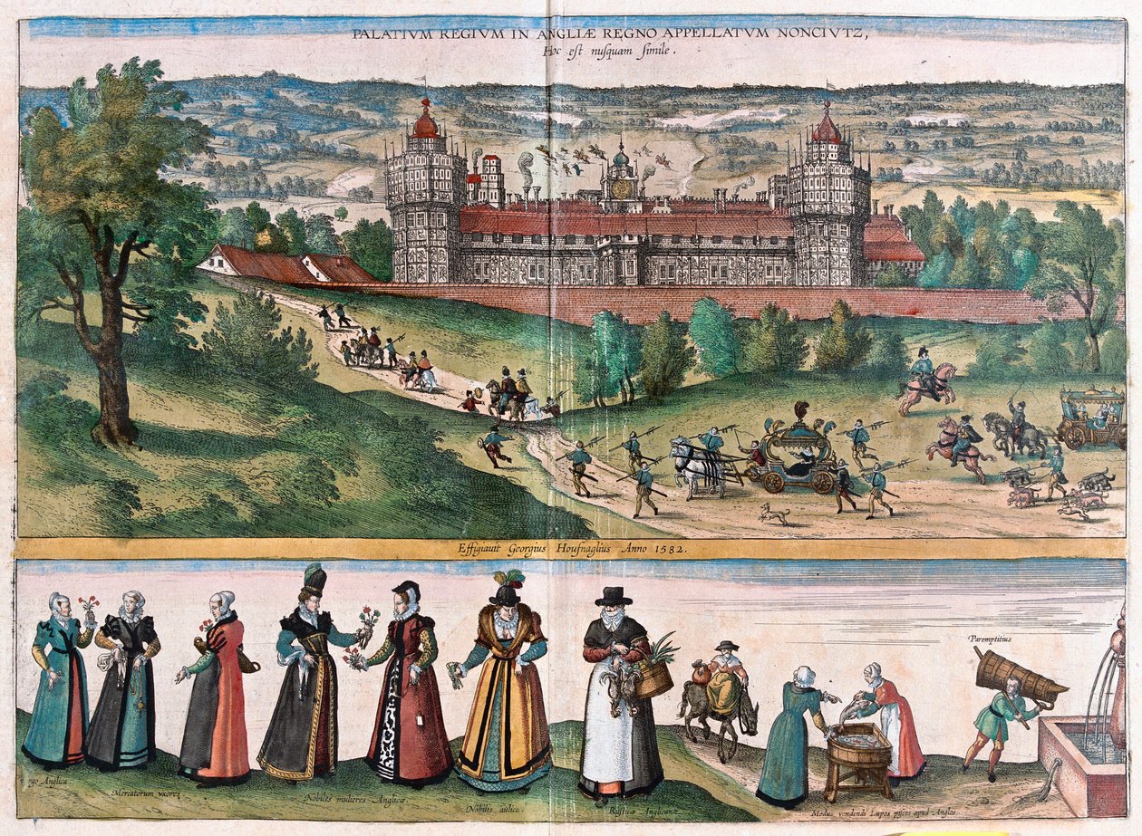 Palace of Sans-Elike, Surrey, England (gravering av Franz Hogenberg