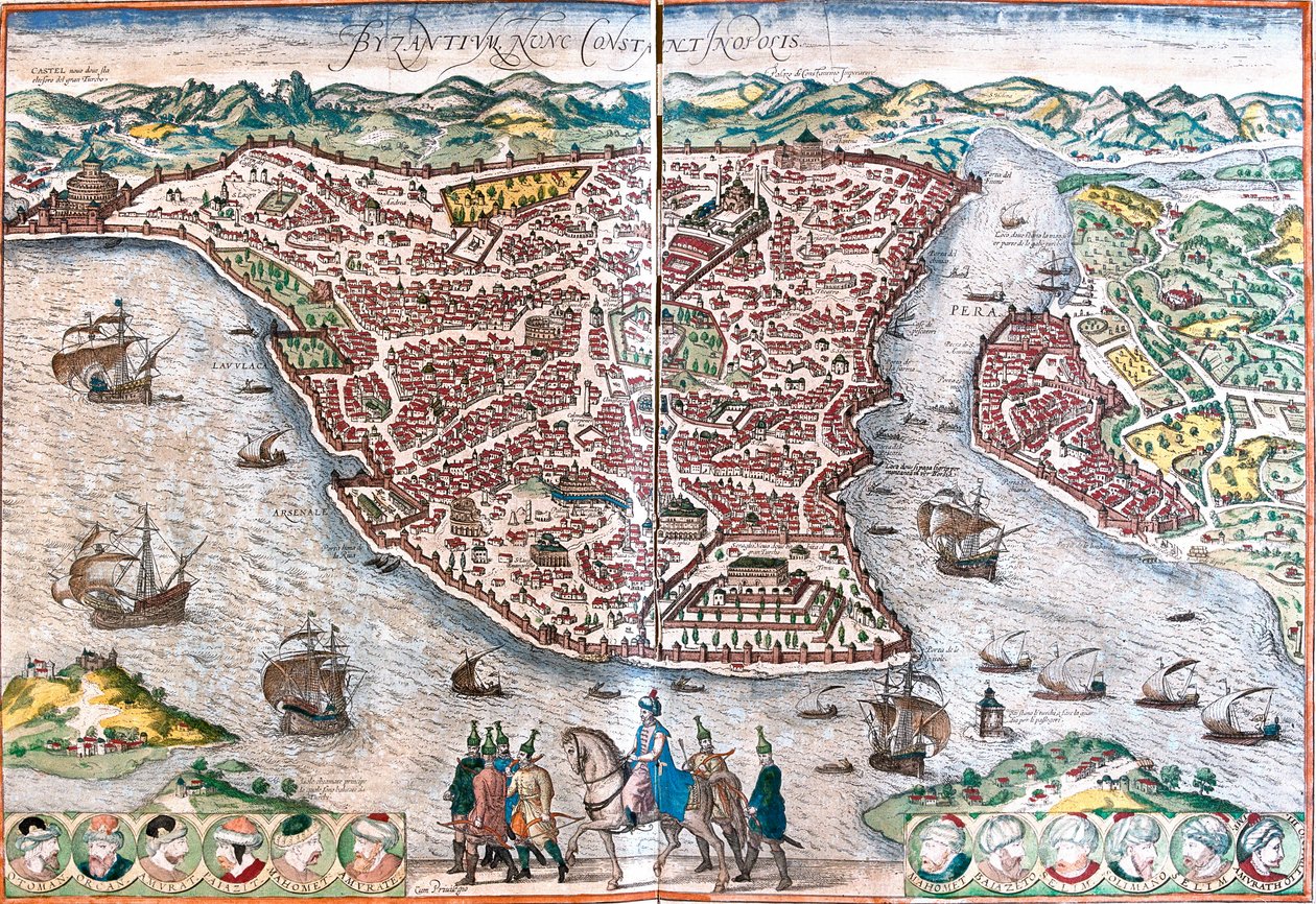 Plan of Byzantium, omdøpt til Konstantinopel (Byzantium nunc Constantinopolis) (dagens Istanbul) av Franz Hogenberg