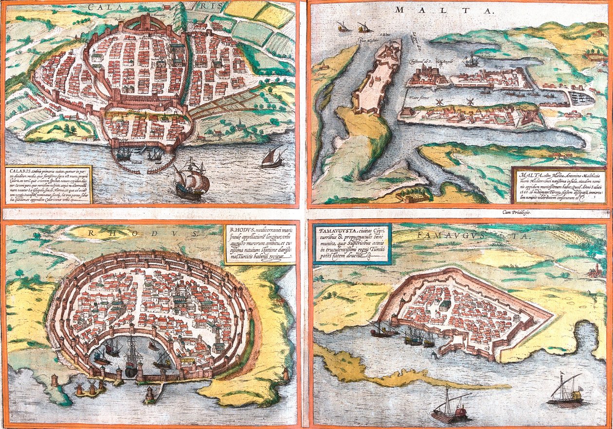 Plan av Cagliari (Calaris), Sardinia (Italia), Malta (Malta), Rhodos (Rhodes) og Famagusta (Famaugusta), Kypros (etsing av Franz Hogenberg