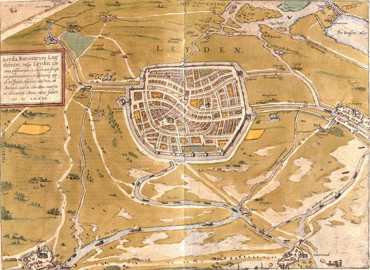 Plan over Leiden (Leyden), Nederland (radering av Franz Hogenberg