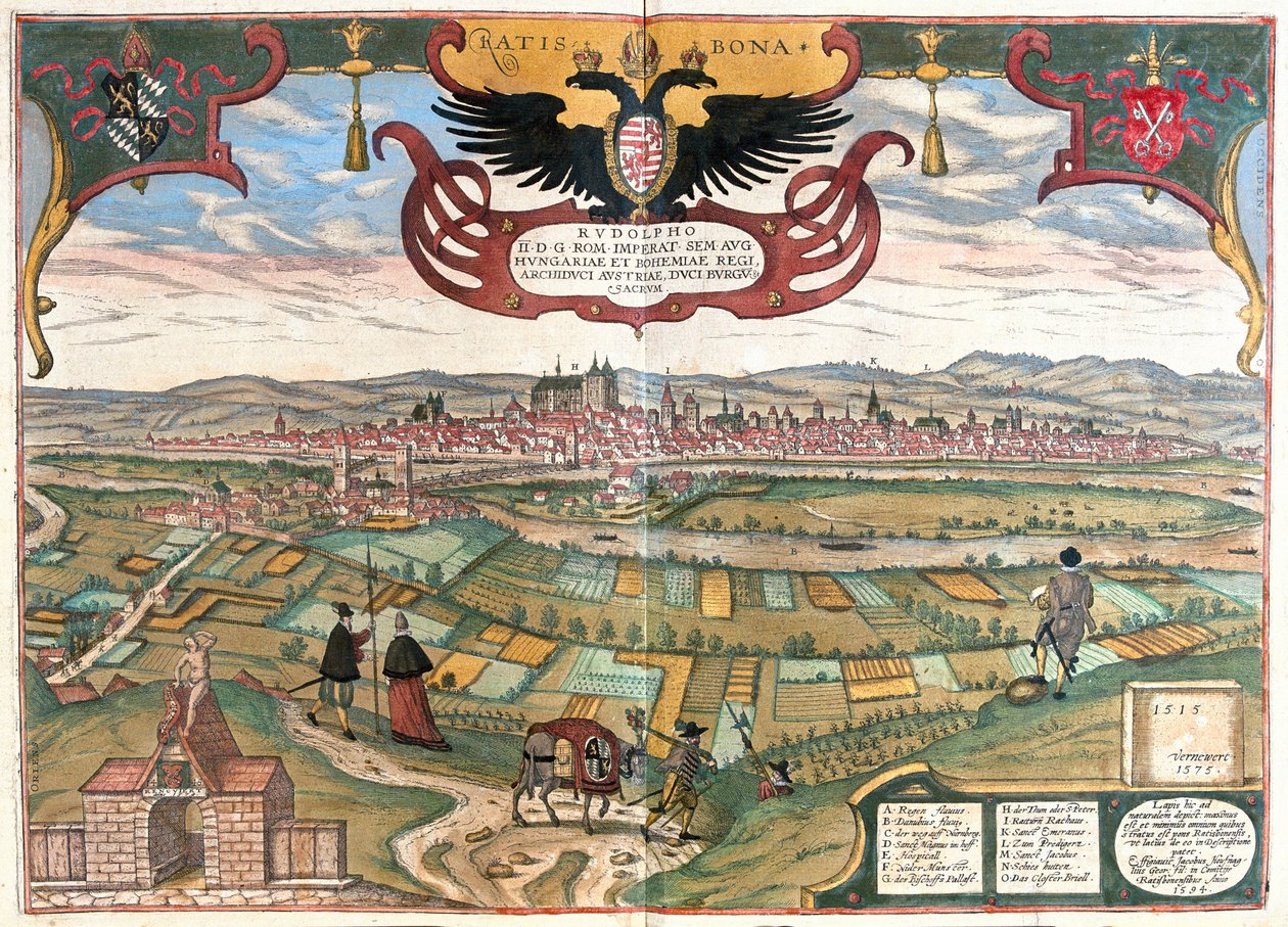 Regensburg med våpenskjoldet til keiser Rudolf II, Tyskland av Franz Hogenberg
