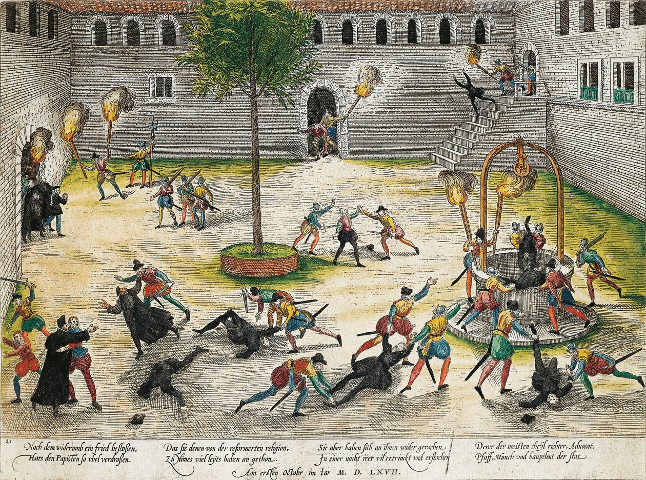 gjengjeldelse av reformerte mot kirkelige i Nimes, oktober 1567, gravering av Franz Hogenberg (1535 til 1590), religionskriger, Frankrike av Franz Hogenberg