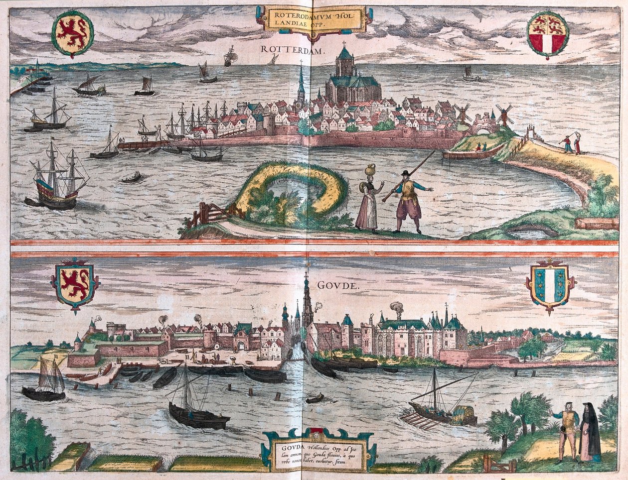 Rotterdam og Gouda, Nederland (gravering av Franz Hogenberg