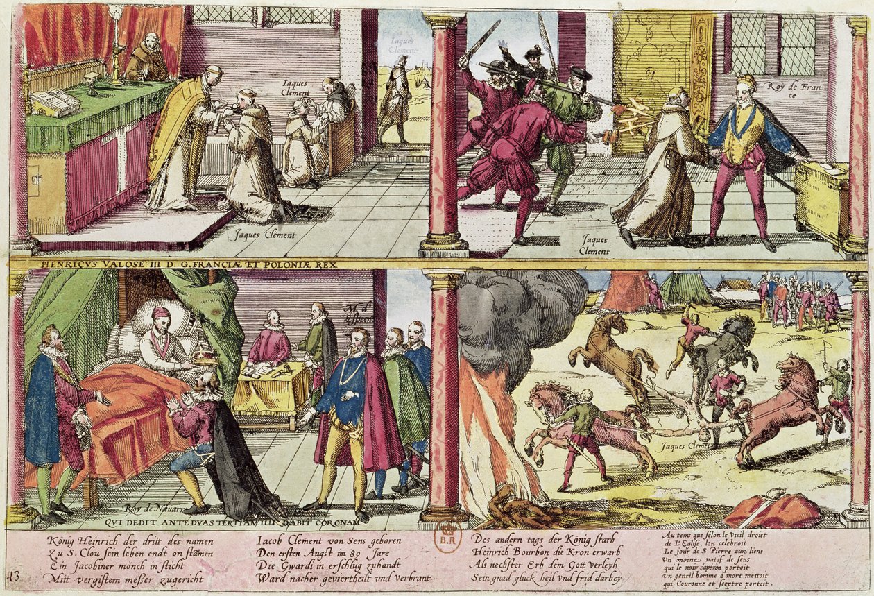 Attentatet på Henrik III (1551–89) og henrettelsen av hans morder, Jacques Clement (1564–89) 1589–92 (farget gravering) (se også 88464) av Franz Hogenberg