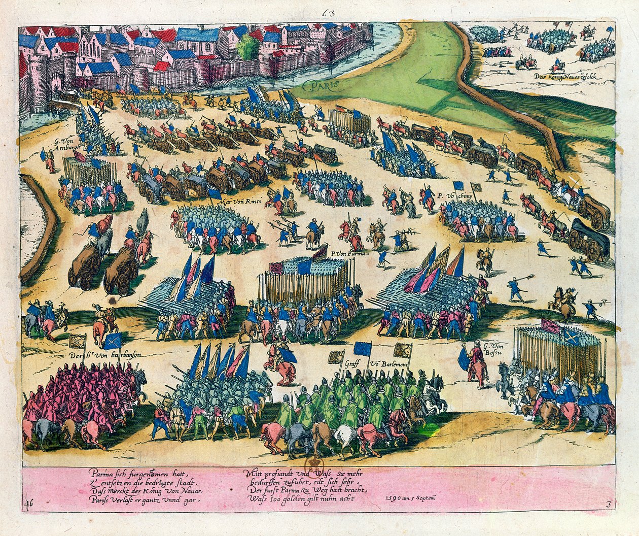 Hertugen av Parma befrir Paris fra beleiring av styrkene til Henri IV i 1590 av Franz Hogenberg