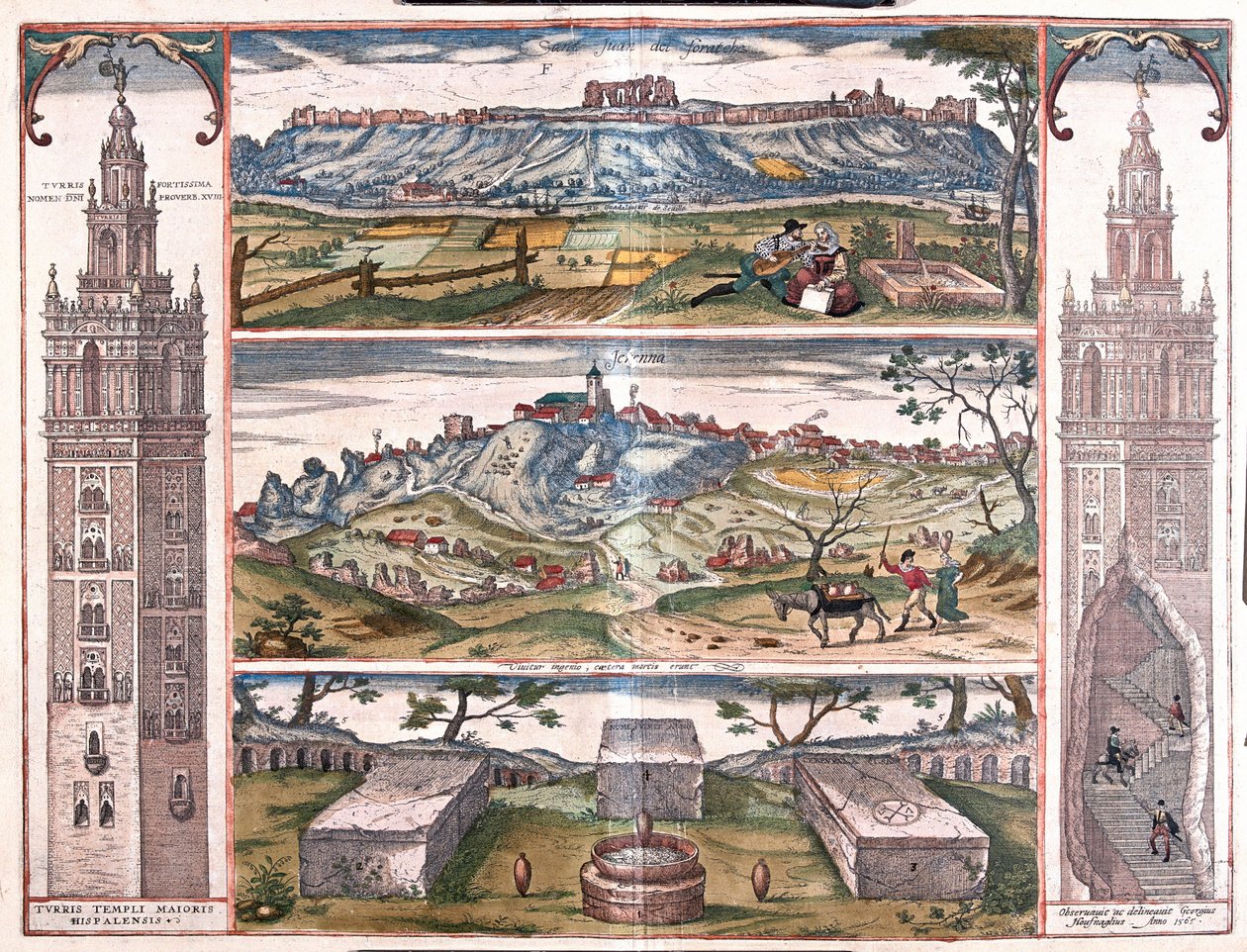 Giralda i Sevilla, Spania - 5 visninger: San Juan på Guadalquivir, Gerena, 3 romerske graver og tårn på siden, en utskjæring som viser George Hufnagel som stiger opp på hesteryggen (gravering av Franz Hogenberg