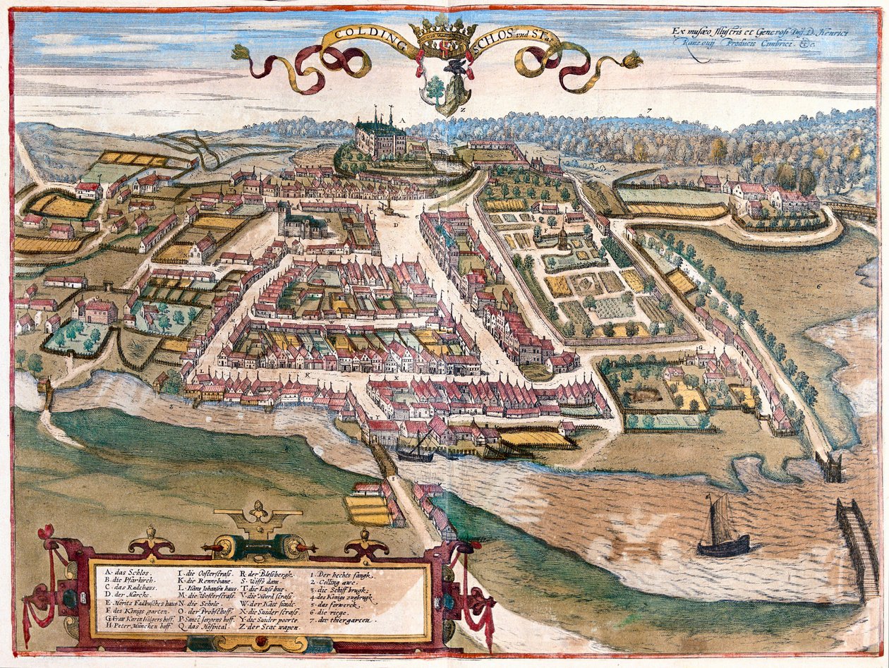 Havnen i Kolding på Jylland-halvøya, Danmark (gravering av Franz Hogenberg