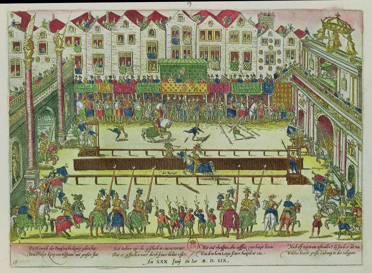 Turnering hvor Henri II (1519-59) ble skadet av greven av Montgomery og døde ti dager senere, 30. juni 1559 av Franz Hogenberg
