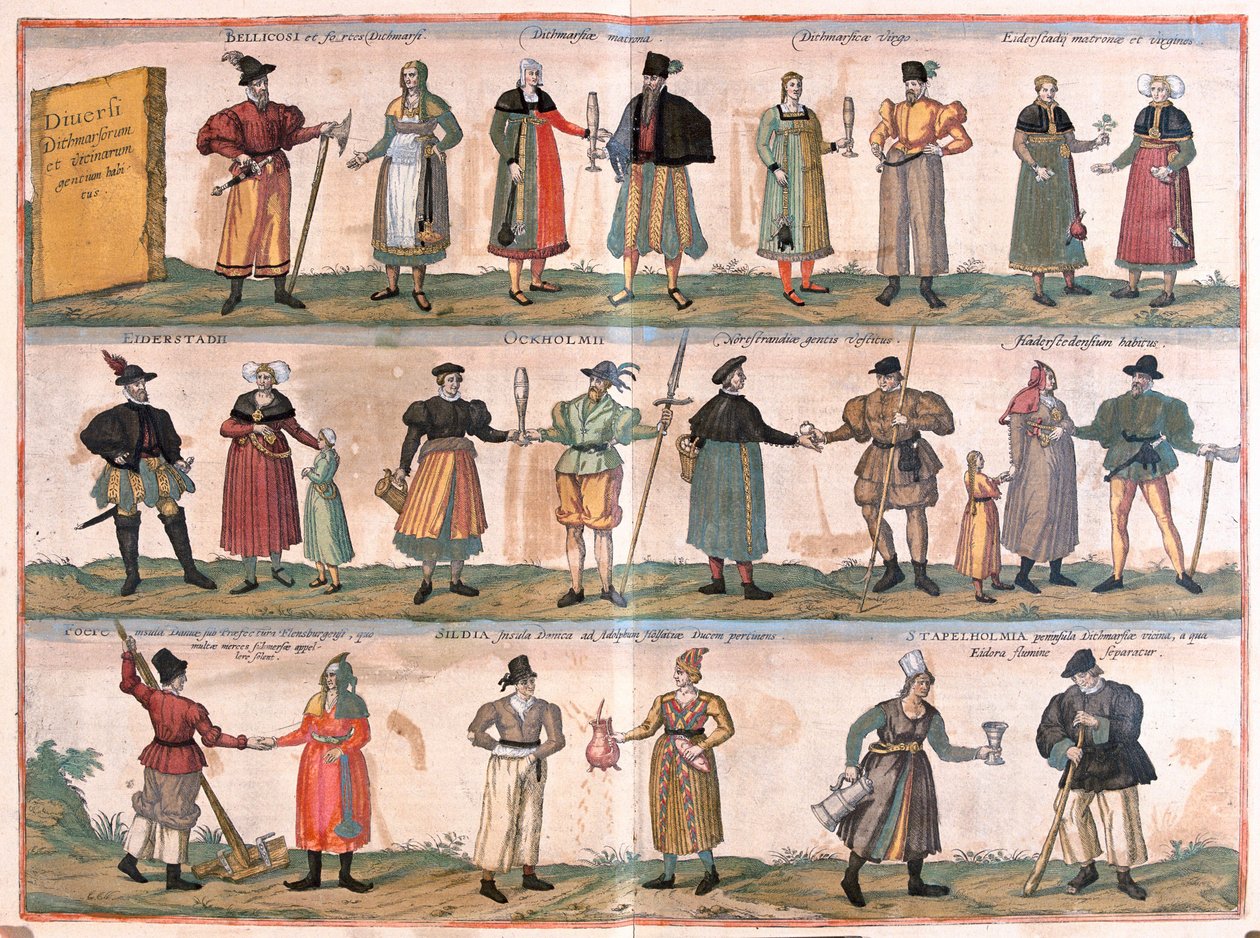 Ulike kostymer fra Dithmarschen og området rundt, Tyskland (gravering av Franz Hogenberg