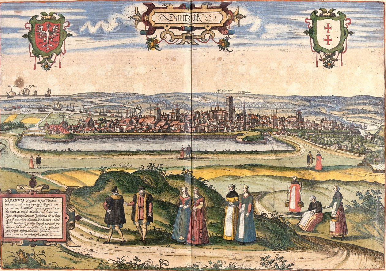 Utsikt over Dantzig (Gedanum) (dagens Gdansk), Polen (radering av Franz Hogenberg