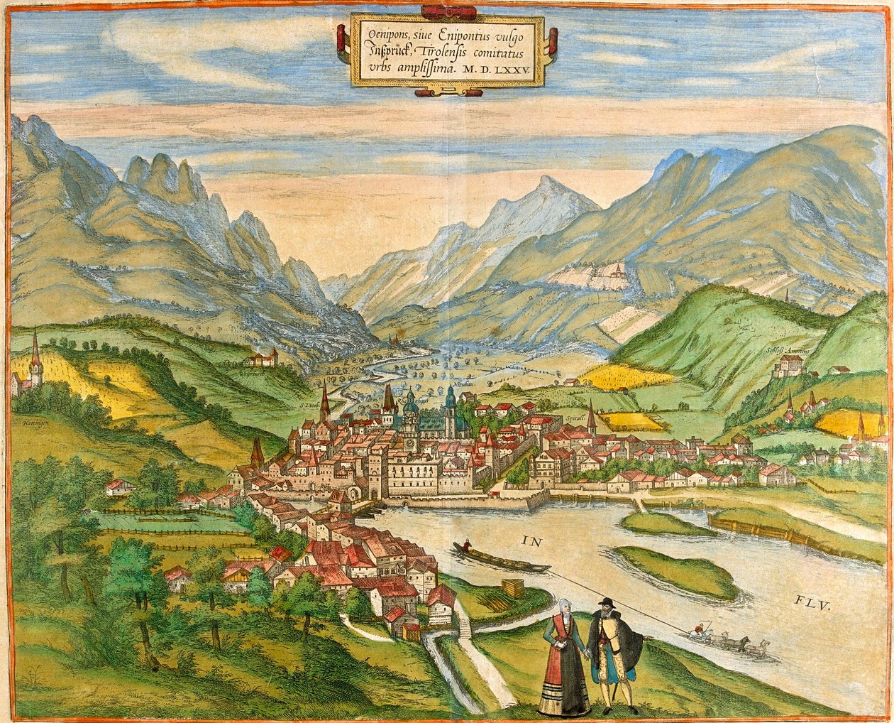 Utsikt over Innsbruck (Oenipons eller Enipontus), Østerrike (radering av Franz Hogenberg