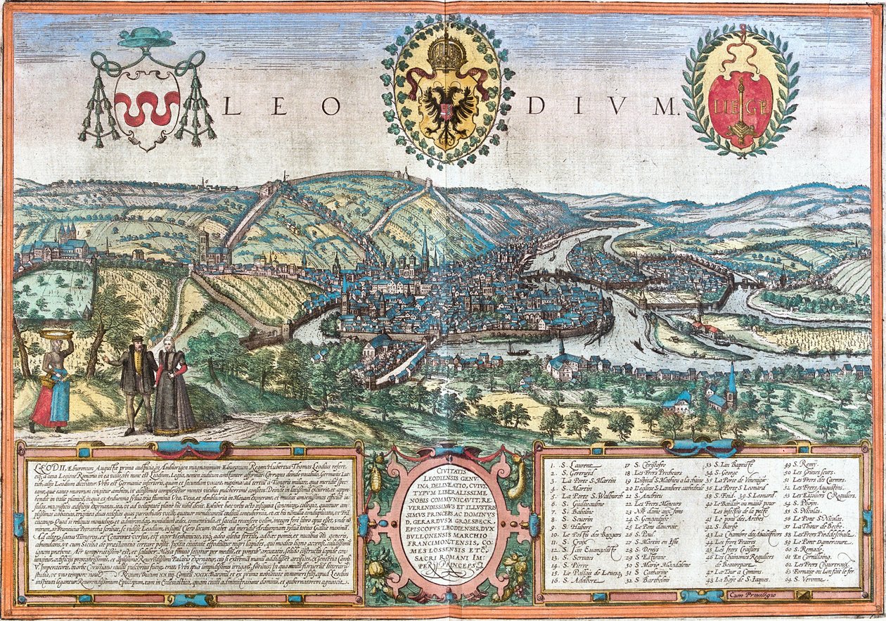Utsikt over Liege (Leodium), Belgia (etsing av Franz Hogenberg