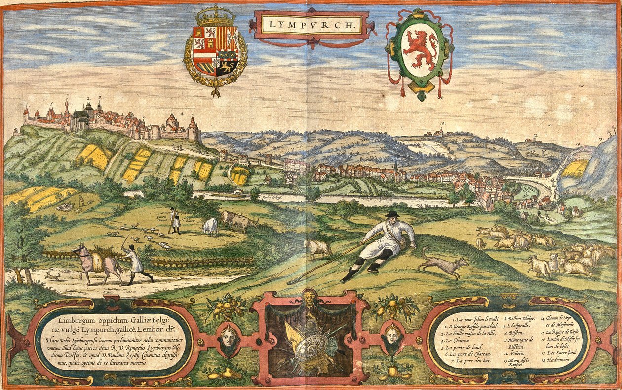 Utsikt over Limburg (Lympurch), Nederland (etsing av Franz Hogenberg