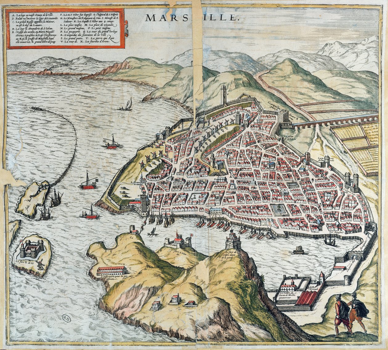 Utsikt over Marseille på 1500-tallet, som viser sykehuset for spedalske nederst til venstre, fra 