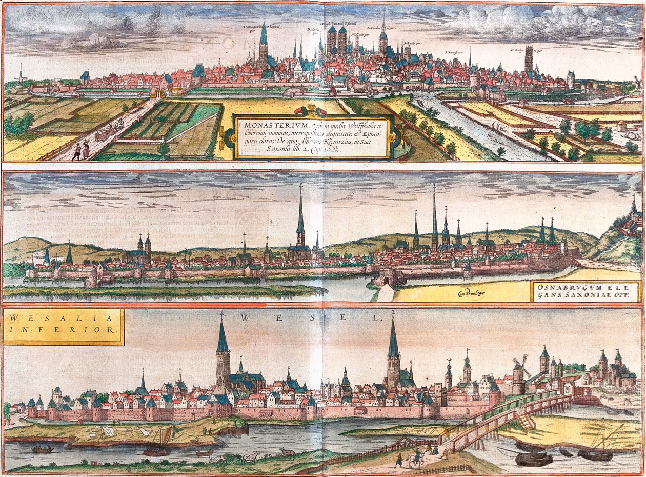 Utsikt over Munster (Monasterium), Osnabruck (Osnabrugum) og Wesel (Weselia), Tyskland (radering av Franz Hogenberg