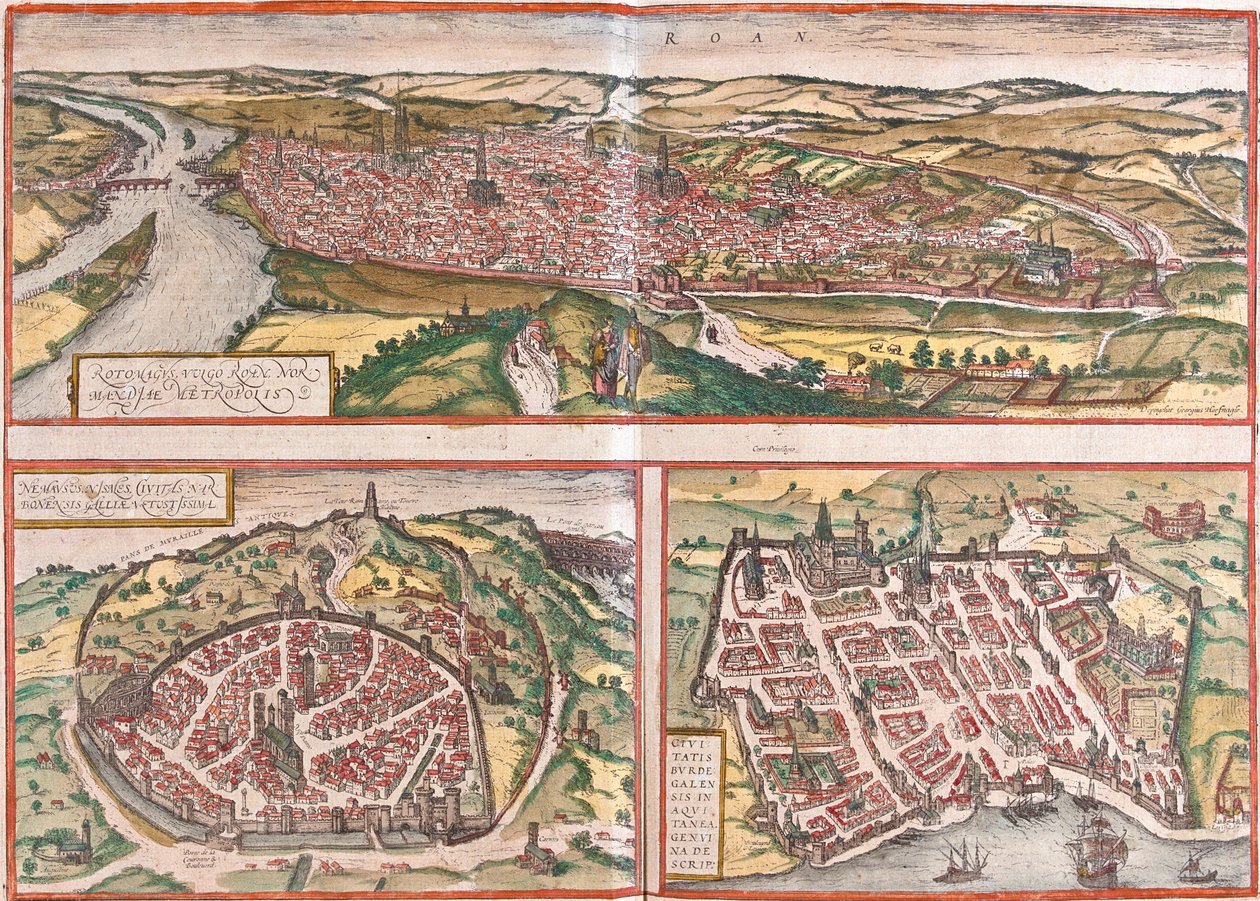 Utsikt over Rouen (Rotomagus), Nimes (Nemausus) og Bordeaux (Burdigala), Frankrike (radering). av Franz Hogenberg