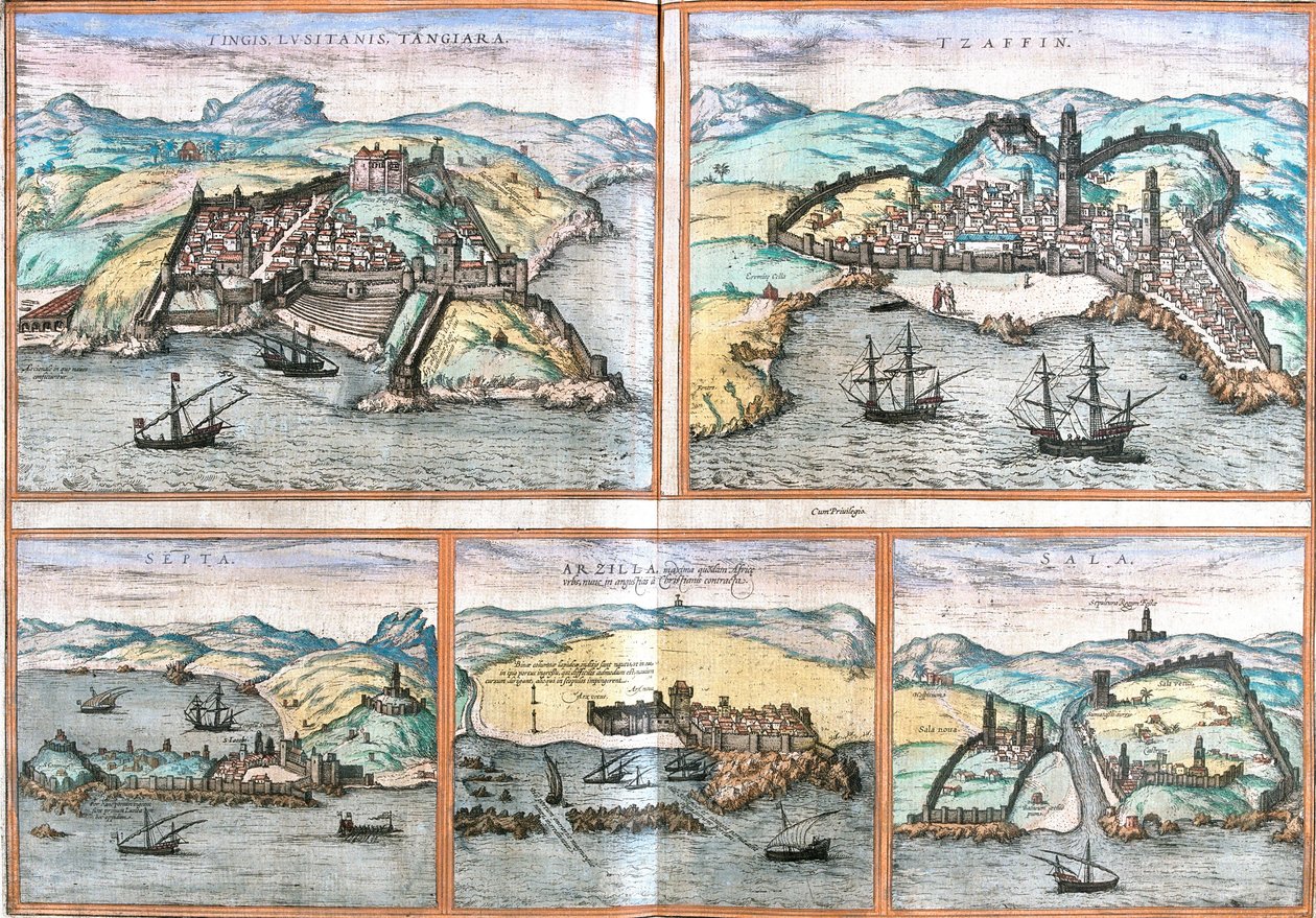 Utsikt over Tangier (Tangiara) og Safi (Tzaffin) i Marokko, Ceuta (Septa) (Spania i Marokko), Arzila eller Asilah (Arzilla) og Sale (Sala) i Marokko (radering av Franz Hogenberg