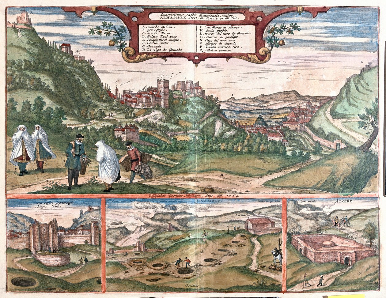 Utsikt over Alhambra med byen Granada, Spania: på toppen en utsikt over Alhambra på Cerro del Sol-høyden. Visningen nederst til venstre viser de lukkede dørene til Alhambra. I sentrum er munningene til Masmoros-grottene. Den store strukturen nederst til hø av Franz Hogenberg