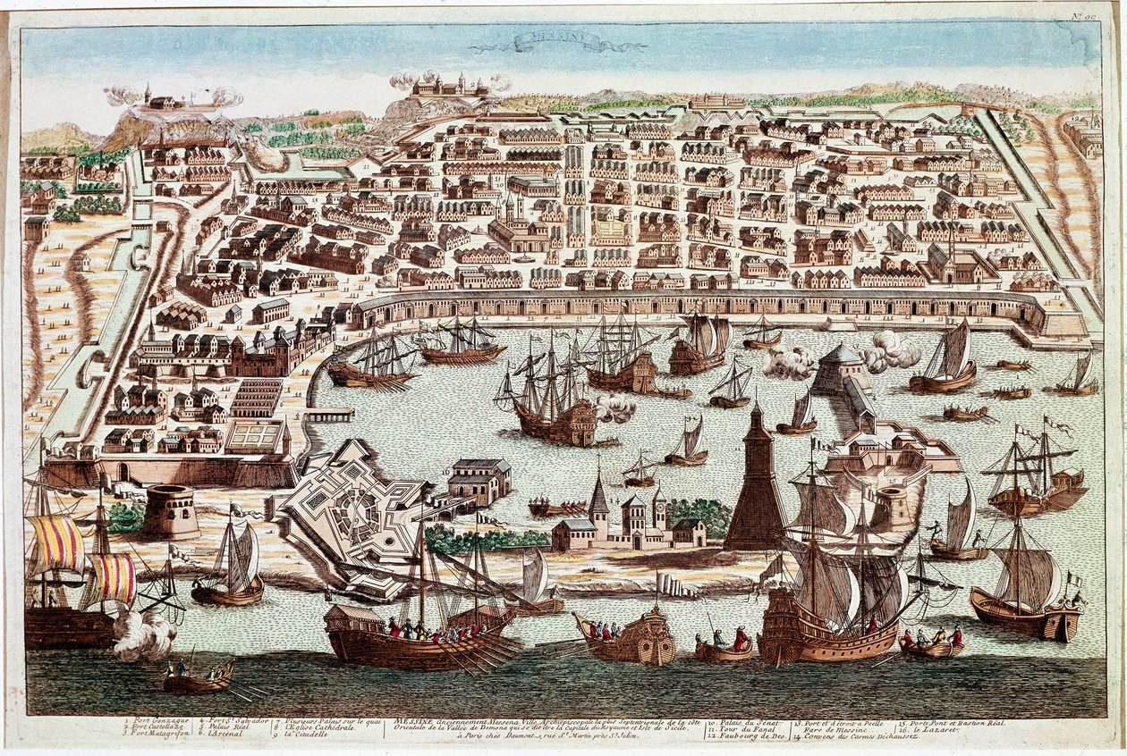 Utsikt over byen Messina på Sicilia - Gravering av Franz Hogenberg (1535-1590) fra "" Civitatis Orbis Terranum"" av Braun og Hogenberg - 1594 (Utsikt over byen Messina, Sicilia - Gravering av Franz Hogenberg (1535-1590) ) fra "" Civitatis Hobis Terran av Franz Hogenberg
