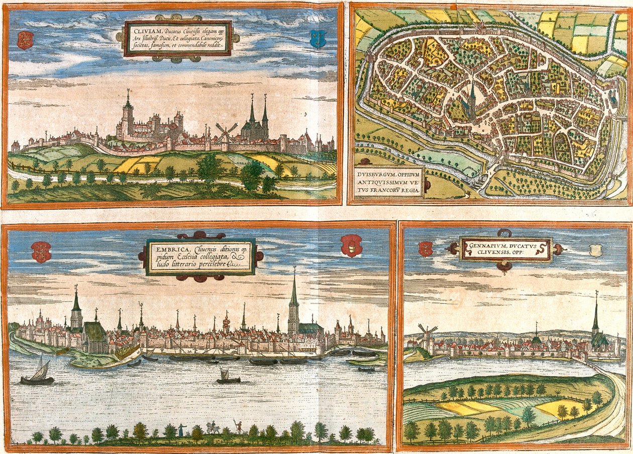 Utsikt og planer av Cleves (Cliviam), Duisburg (Duisburgum), Emmerich am Rhein (Embrica) i Tyskland og Genappe i Belgia (radering av Franz Hogenberg