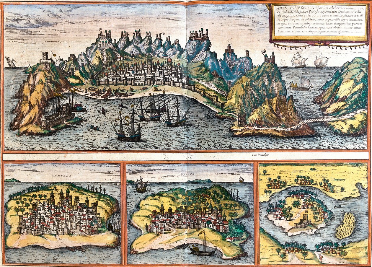 Utsikt over Aden (Jemen), Mombasa (Mombaza) (Kenya), Kilwa Kisiwani (Quiloa) (Tanzania) og Cefala Diana (Cefala) (Sicilia, Italia) (radering) av Franz Hogenberg