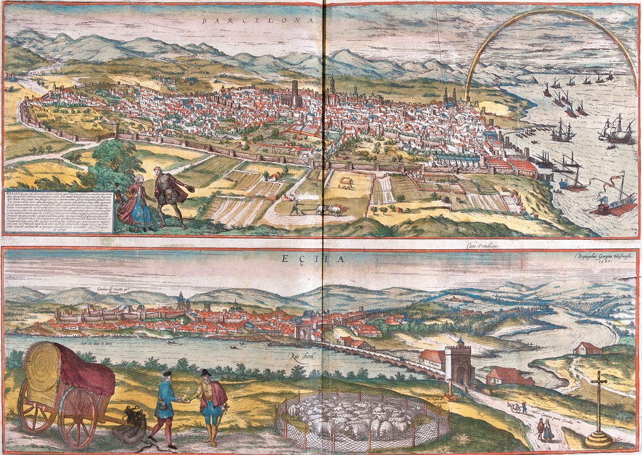Utsikt over Barcelona og Ecija (Eciia), Spania (etsing av Franz Hogenberg