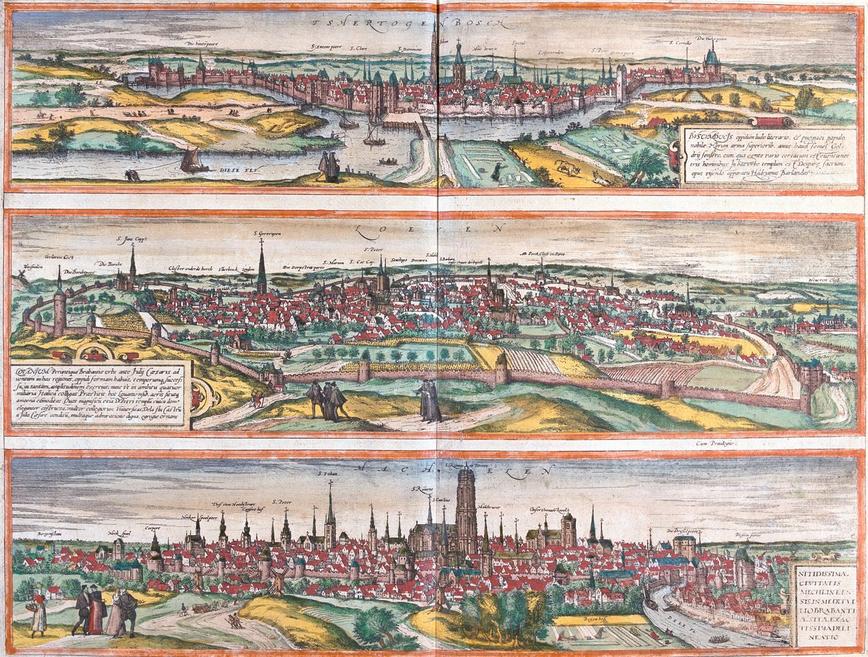 Utsikt over Bois le Duc (Buscumducis), i Nederland, Leuven (Lovanium) og Mechlineen (Mechlineen) i Belgia (etsing). av Franz Hogenberg