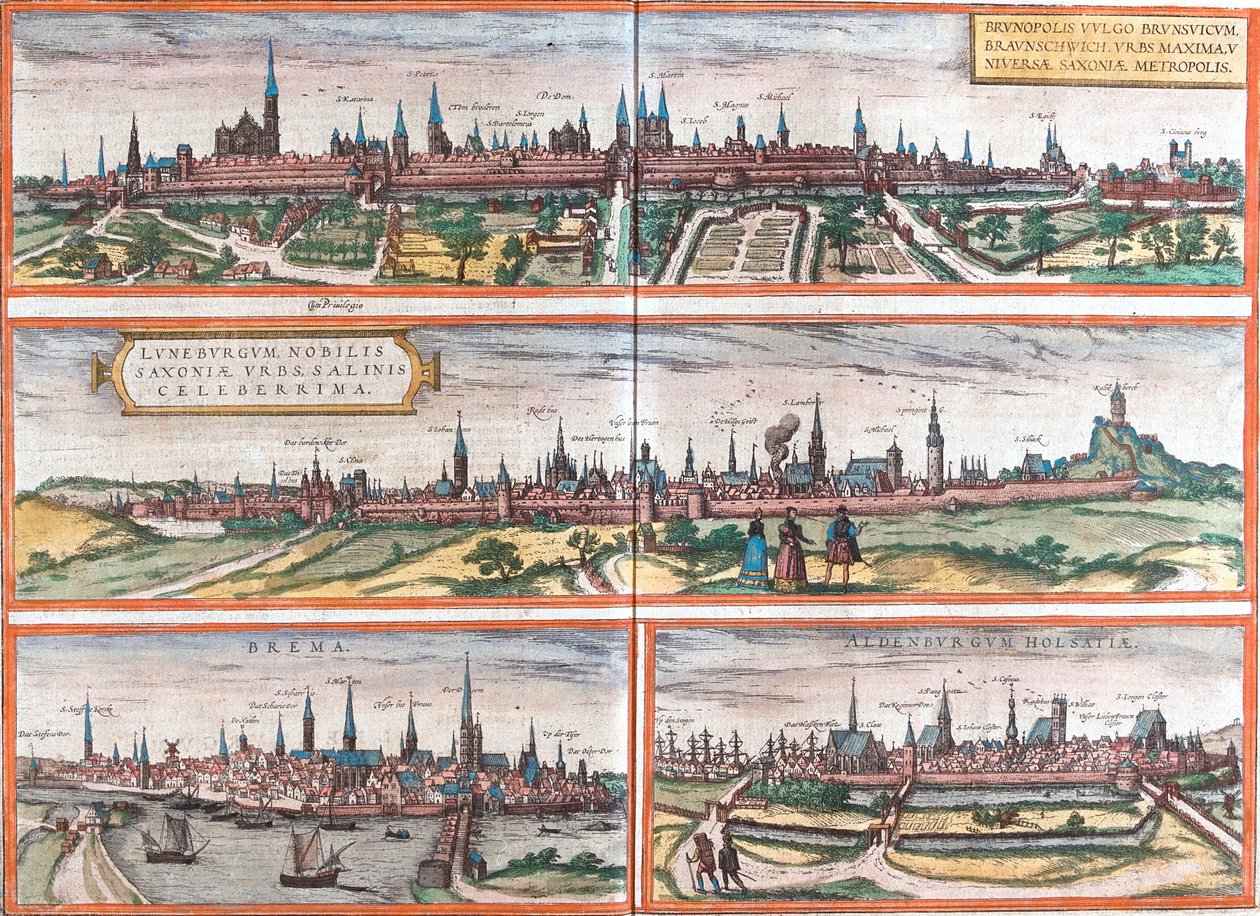 Utsikt over Brunswick (Brusvicum), Lüneburg (Loneburgum), Breme (Brema) og Oldenburg (Aldenburgum), Tyskland (radering av Franz Hogenberg