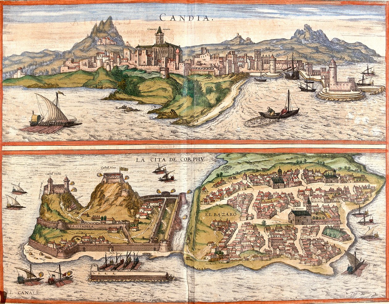 Utsikt over Candia (Candia), nåværende Heraklion på øya Kreta og Korfu eller Corcyra (Corphu), gresk øy (etsing av Franz Hogenberg