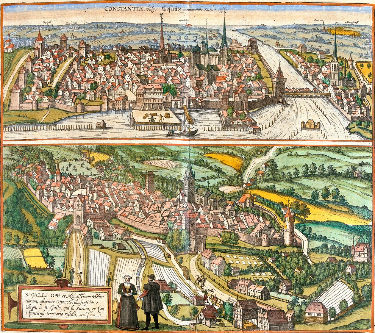 Utsikt over Constance (Contantia), Tyskland og St. Galli (S. Galli), Sveits (radering av Franz Hogenberg